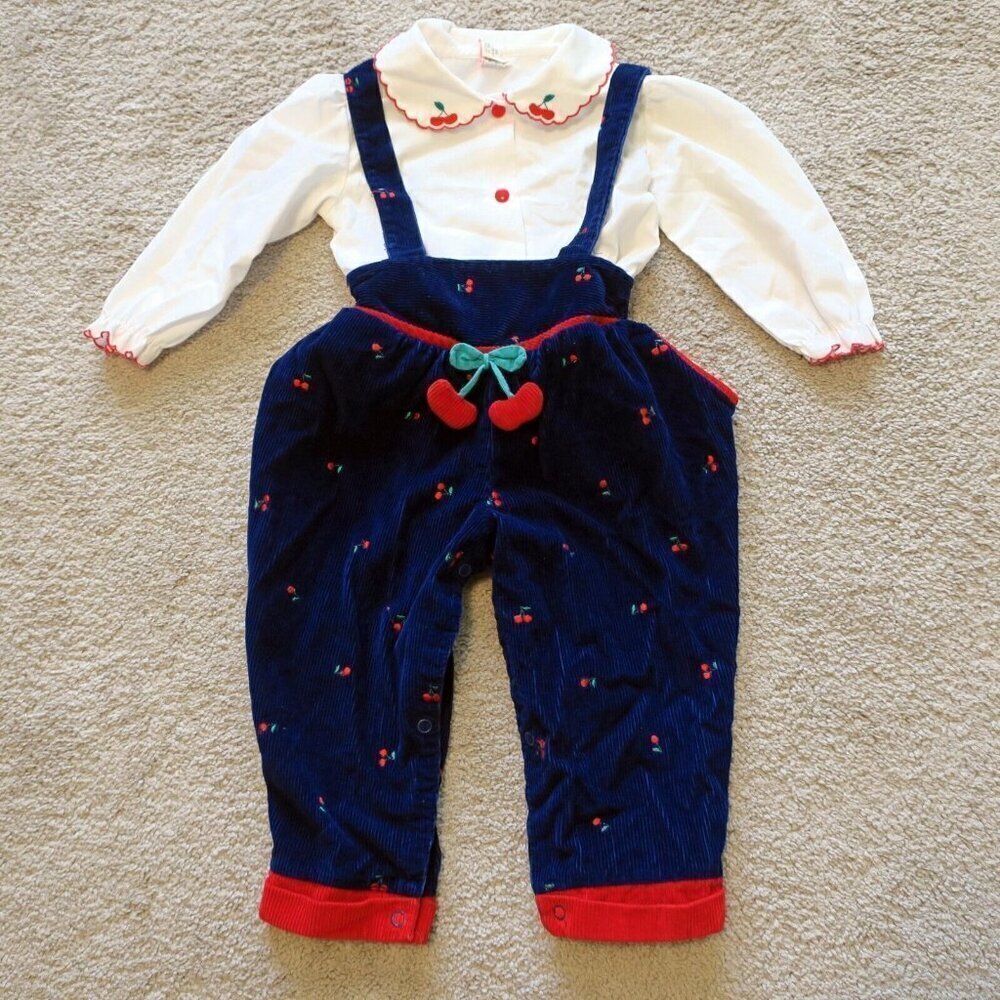 Vintage 80s Overalls Jumpsuit Girls Romper & Shirt Navy Corduroy Cherries 24M